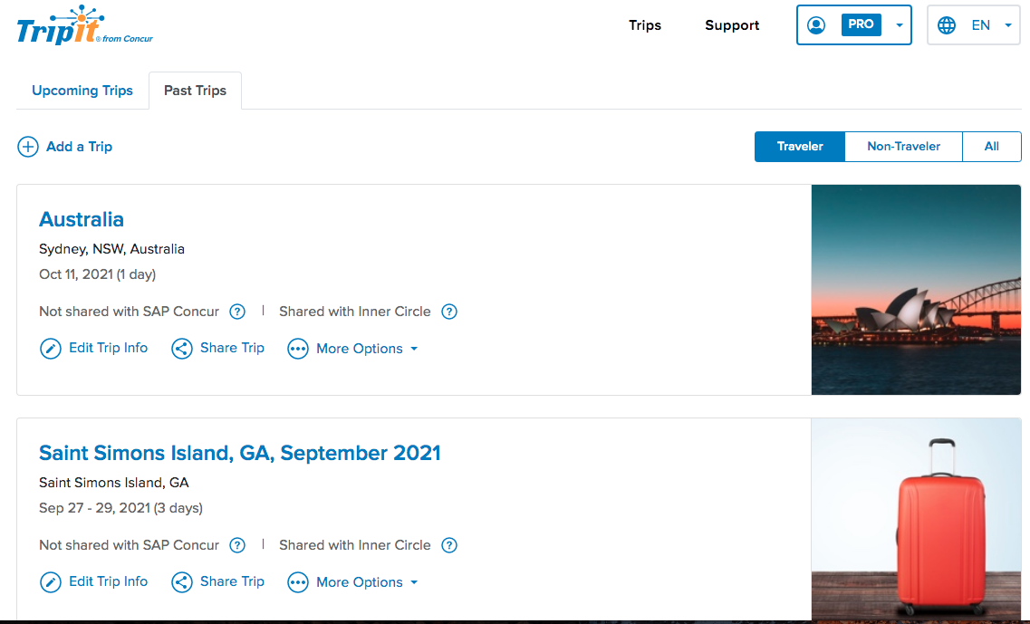 TripIt Vue Web app screenshot